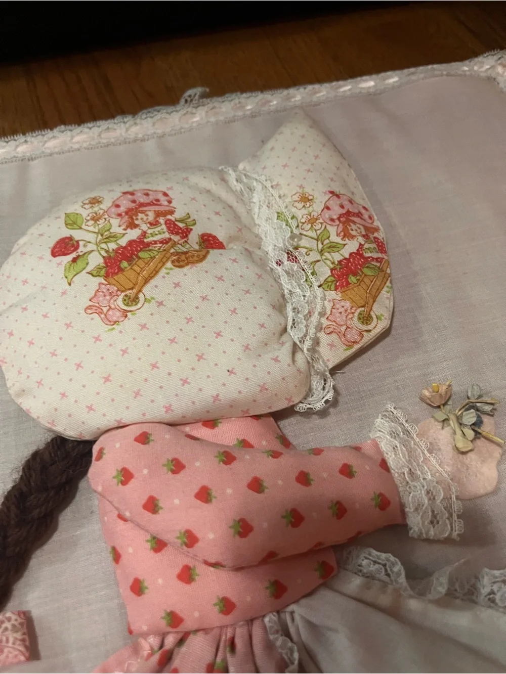 Rare Vintage handmade fabric appliqué, strawberry shortcake cutter quilt